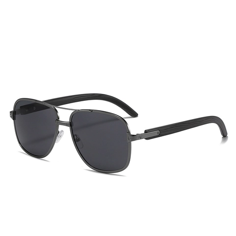 Vintage Pilot Sunglasses Metal Frame Wood Grain Temples UV400 Protection Square Aviator Classic Double Bridge Retro Eyewear