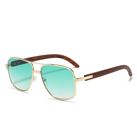 Vintage Pilot Sunglasses Metal Frame Wood Grain Temples UV400 Protection Square Aviator Classic Double Bridge Retro Eyewear