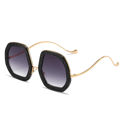Lunettes De Soleil Hexagonales Oversize Femmes Paillettes Monture Plastique Métal Branches Ondulées Dégradé UV400 Mode Retro