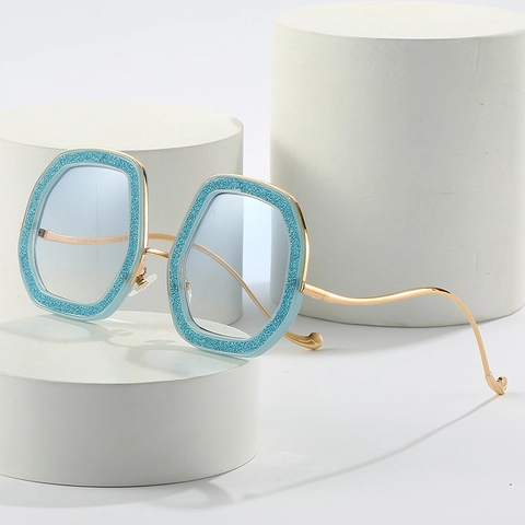 Lunettes De Soleil Hexagonales Oversize Femmes Paillettes Monture Plastique Métal Branches Ondulées Dégradé UV400 Mode Retro
