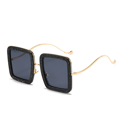 Oversized Square Sunglasses Women Fashion Glitter Plastic Frame Wavy Metal Temples UV400 Protection Retro Eyewear