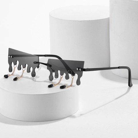Melting Teardrop Randlose Sonnenbrille Metallrahmen PC-Linse Mit Quastenkette Perlen Neuheit Y2K Punk Streetwear Brillen