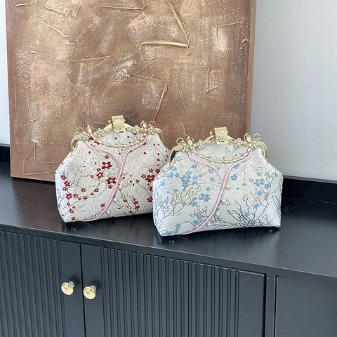 Vintage Abendtasche Mit Chinesischer Stickerei Künstliche Perlen Bambusgriff Handtasche Für Cheongsam Party Clutch Mit Kette
