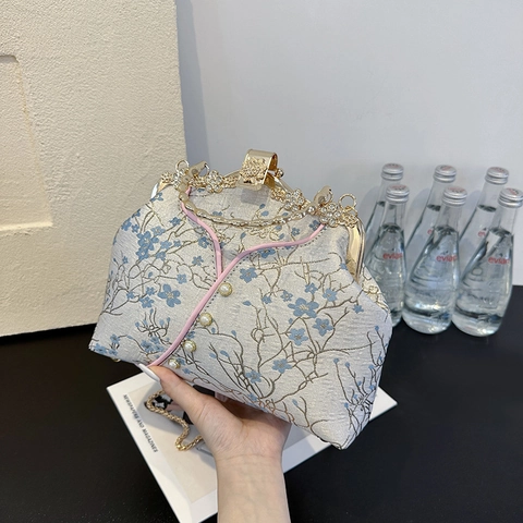 Vintage Abendtasche Mit Chinesischer Stickerei Künstliche Perlen Bambusgriff Handtasche Für Cheongsam Party Clutch Mit Kette