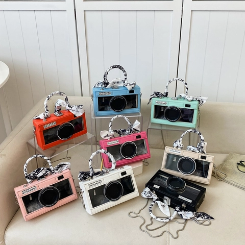 Kreative Handtasche In Kameraform PU Leder Schalgriff Metallkette Transparentes Fenster Umhängetasche Für Damen