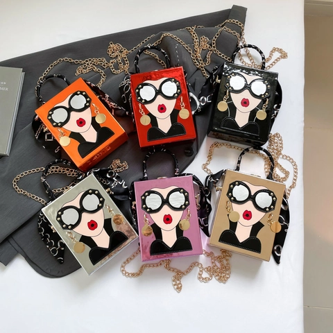 Women Box Crossbody Bag Quirky Cartoon Face Design Mirror PU Leather Shoulder Bag With Scarf Handle Chain Strap Fashion Novelty