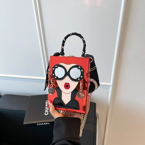 Women Box Crossbody Bag Quirky Cartoon Face Design Mirror PU Leather Shoulder Bag With Scarf Handle Chain Strap Fashion Novelty