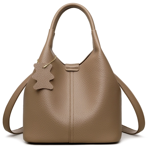 Borsa Secchiello Donna Pelle PU Grana Litchi Grande Capacità Borsa Tracolla Mano Pendente Orso Retro Pendolare
