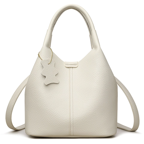 Borsa Secchiello Donna Pelle PU Grana Litchi Grande Capacità Borsa Tracolla Mano Pendente Orso Retro Pendolare