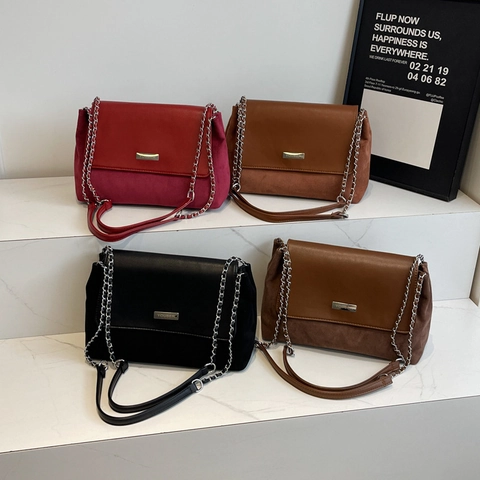 Women Crossbody Bag Retro Stitched PU Leather Suede Texture Large Capacity Chain Shoulder Bag Elegant Urban Square Bag