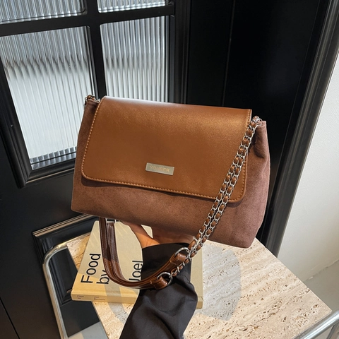 Women Crossbody Bag Retro Stitched PU Leather Suede Texture Large Capacity Chain Shoulder Bag Elegant Urban Square Bag
