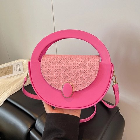 Round Shoulder Bag For Women PU Leather Woven Flap Circular Handle Crossbody Purse Elegant Solid Color Trendy Handbag