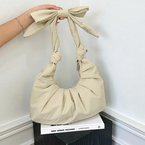 Women Pleated Bow Shoulder Bag Ruched Crescent Hobo Handbag Solid Color Chic Nylon Underarm Purse For Girls