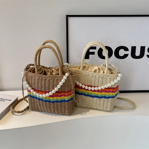 Borsa A Secchiello In Paglia Intrecciata A Righe Arcobaleno Con Catena Di Künstliche Perle Chiusura A Coulisse Donna Estate