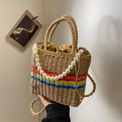 Borsa A Secchiello In Paglia Intrecciata A Righe Arcobaleno Con Catena Di Künstliche Perle Chiusura A Coulisse Donna Estate