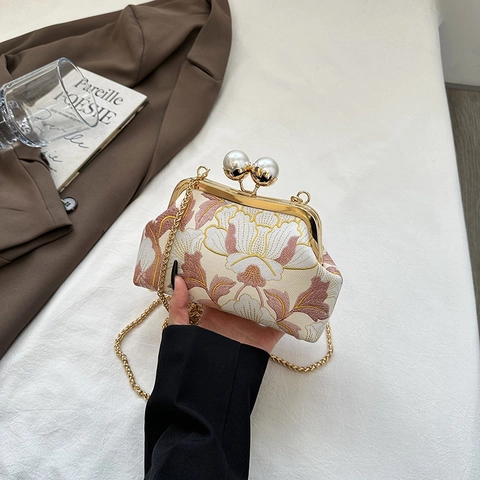Damen Abendtasche Mit Blumenstickerei Künstliche Perlenverschluss Retro Clutch Metallrahmen Elegante Umhängetasche