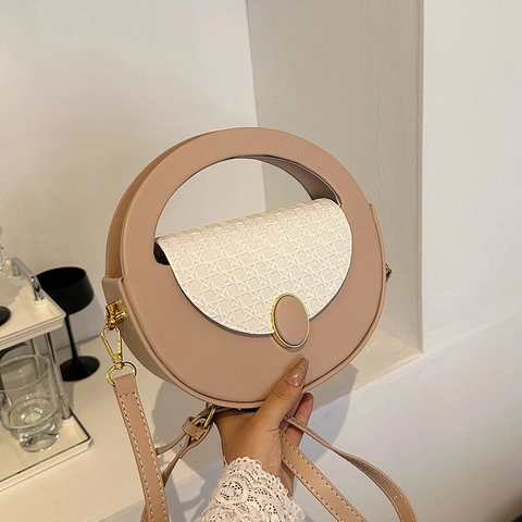 Women Round Handbag PU Leather Woven Texture Flap Circular Handle Retro Crossbody Shoulder Bag Elegant Daily Party Use