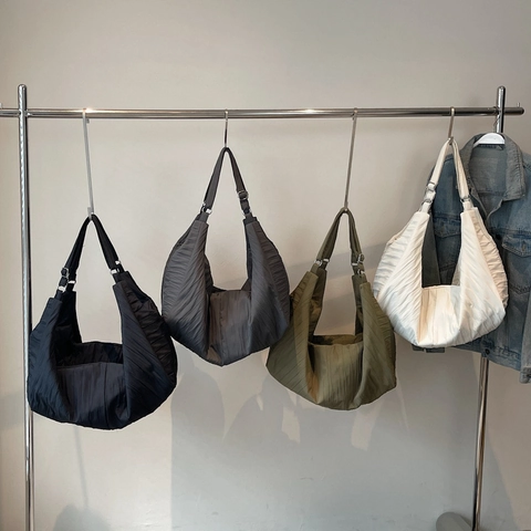 Bolso Hobo Plisado Gran Capacidad Lona Textura Arrugada Correa Ajustable Urbano Casual Bolso De Hombro Color Sólido