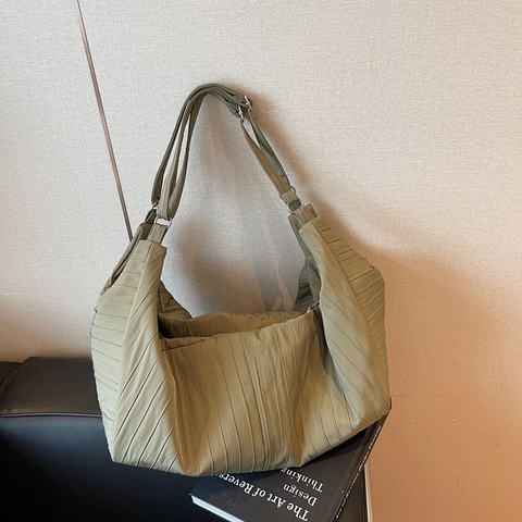 Bolso Hobo Plisado Gran Capacidad Lona Textura Arrugada Correa Ajustable Urbano Casual Bolso De Hombro Color Sólido