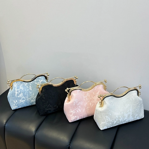 Vintage Floral Jacquard Evening Bag Metal Frame Handbag For Women Retro Elegant Shell Purse With Chain Strap
