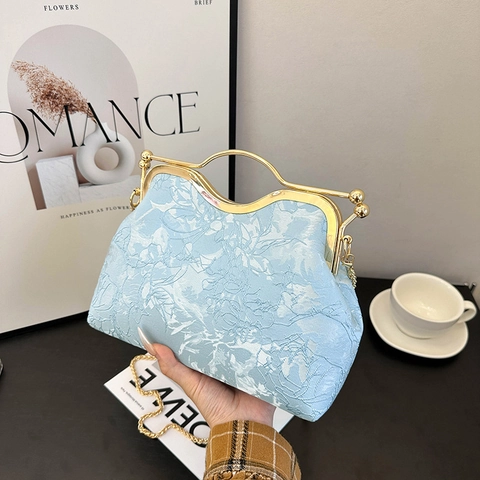 Vintage Floral Jacquard Evening Bag Metal Frame Handbag For Women Retro Elegant Shell Purse With Chain Strap