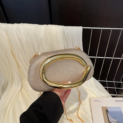 Avondtas Met Strasssteentjes En C-Vormige Metalen Handgreep Glitter Clutch Handtas Met Ketting Voor Feesten En Bruiloften