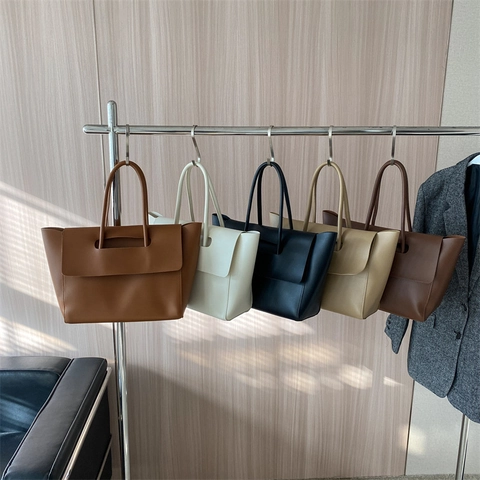Borsa Tote Grande Minimalista Pelle PU Patta Manico Superiore Borsa A Mano Per Donna Retro Lavoro Borsa A Spalla