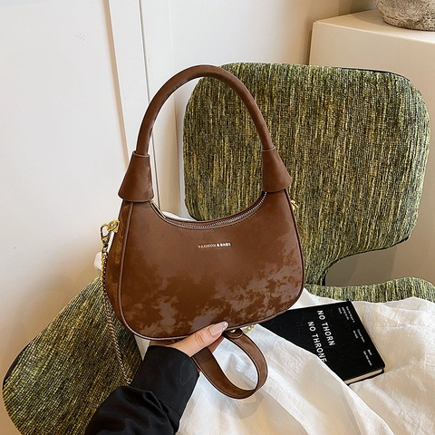Bolso Hobo de Media Luna para Mujer Cuero PU Textura de Ante Minimalista Color Sólido Con Correa de Cadena para Diario