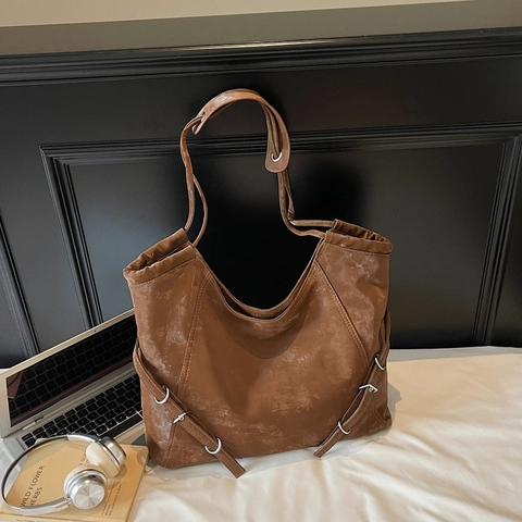 Bolso Tote Retro De Gran Capacidad Mujer Cuero PU Y Tela De Mezclilla Distressed Hobo Bolso De Hombro Con Hebillas Ajustables