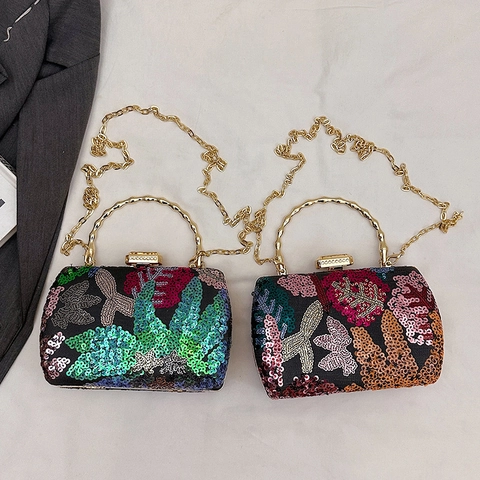 Avondtas Met Bloemen Borduurwerk Lovertjes Metalen Bamboe Handvat Strass Sluiting Schelp Clutch Voor Feest Bruiloft Crossbody