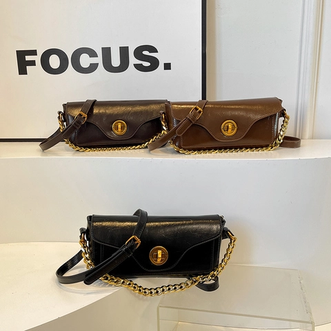 Borsa Baguette Vintage In Pelle PU Con Catena Dorata Fibbia In Metallo Borsa A Spalla Sottobraccio Per Donna Stile Pendolare