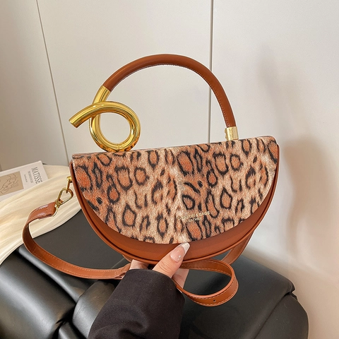 Sac À Main Demi-Lune Pour Femmes Imprimé Léopard Sacoche En Cuir PU Avec Poignée En Métal Doré Et Bandoulière Réglable