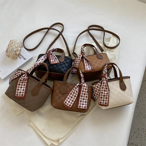 Retro PU Leren Handtas Voor Dames Met Geblokt Patroon Sjaal Decoratie Schouder Crossbody Tas Voor Dagelijks Gebruik