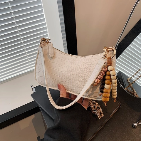 Sac Baguette Pour Femmes Avec Motif Crocodile Vintage En Cuir PU Sac Sous L'Aisselle Avec Pompon En Perles De Bois