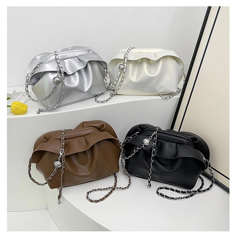 Damen Cloud Pouch Bag Mit Falten PU Leder Ruched Umhängetasche Mit Verstellbarer Metallball Kette Minimalistisch Elegant