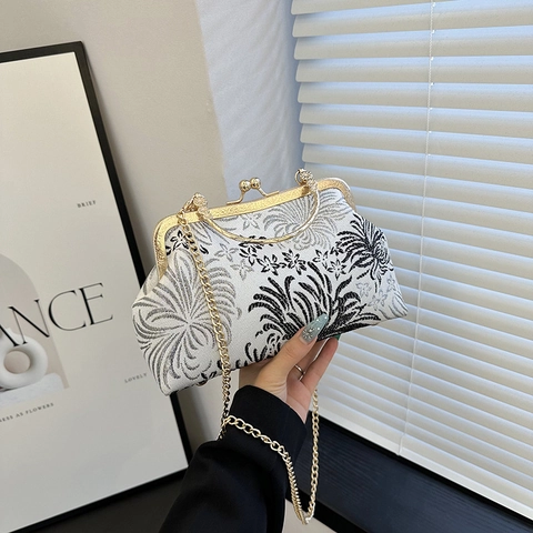 Pochette De Soirée Brodée Vintage Poignée En Künstliche Perles Jacquard Floral Fermoir Kiss Lock Sac À Bandoulière Cheongsam