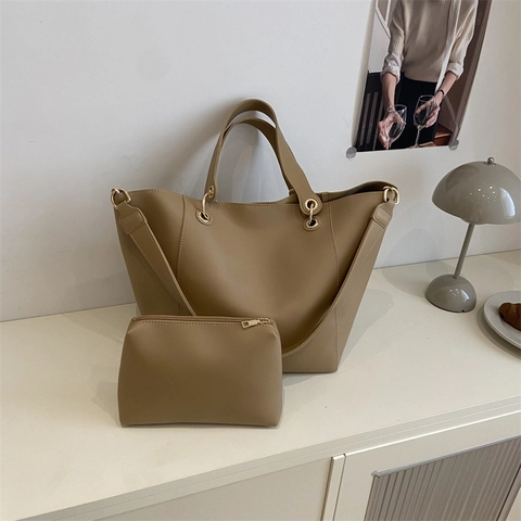 Large Capacity PU Leather Tote Bag And Matching Small Pouch Minimalist Commuter Handbag For Women