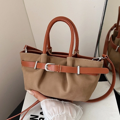 Borsa A Mano Pieghettata E Piccola Pochette In Pelle Scamosciata Smerigliata Borsa A Tracolla A Contrasto Stile Vintage Per Donna