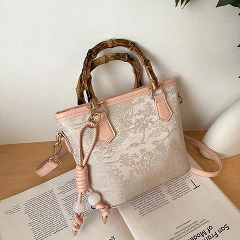 Sac Seau Rétro Avec Poignée En Bambou Sac À Main Bandoulière En Tissu Brodé Pour Femmes Style Soirée Oriental