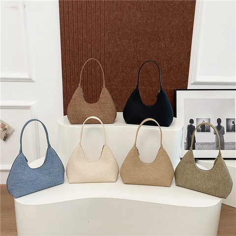 Borsa Sottobraccio Hobo Retrò Donne Mezzaluna Tessuto Texturizzato Manico Pelle PU Borsa A Spalla Minimalista Cerniera Quotidiano