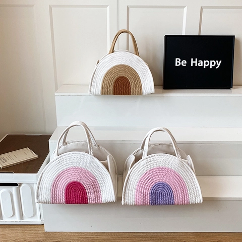 Gewebte Handtasche Baumwollseil Regenbogen Gestreift Halbmond Tote Sommer Strand Urlaub Boho Stil Mode Für Damen