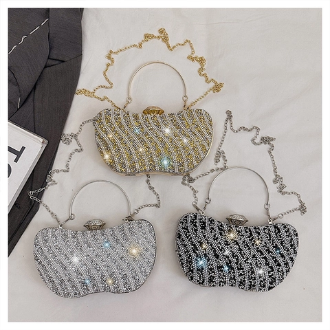 Luxury Rhinestone Evening Bag With Artificial Pearl Wave Pattern Circular Metal Grip Chain Strap Clutch For Wedding Party Formal
