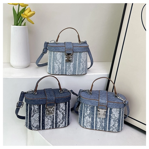 Borsa Tracolla Scatola Denim Pizzo Vintage Donna Borsa A Mano Finiture Pelle PU Serratura Metallo Stile Boho