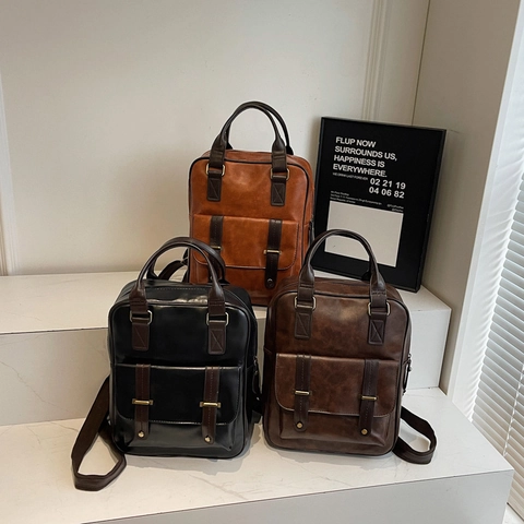 Vintage Women Backpack PU Leather Large Capacity Handbag Retro British Style School Office Travel Bag