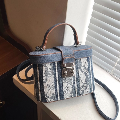 Borsa Tracolla Scatola Denim Pizzo Vintage Donna Borsa A Mano Finiture Pelle PU Serratura Metallo Stile Boho