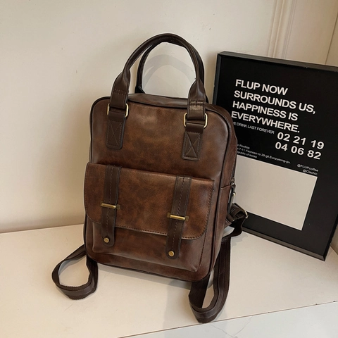 Vintage Women Backpack PU Leather Large Capacity Handbag Retro British Style School Office Travel Bag