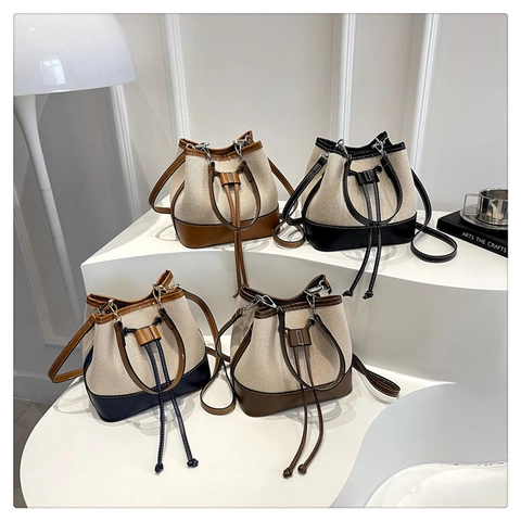 Borsa Secchiello Donna Moda Tela Pelle PU Patchwork Retrò Coulisse Borsa Spalla Mano Casual Versatile