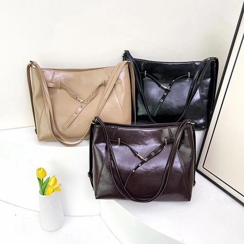 Borsa Tote Grande Da Donna Pelle PU Lucida Retro Minimalista Pendolare Borsa A Tracolla Con Decorazione Fibbia