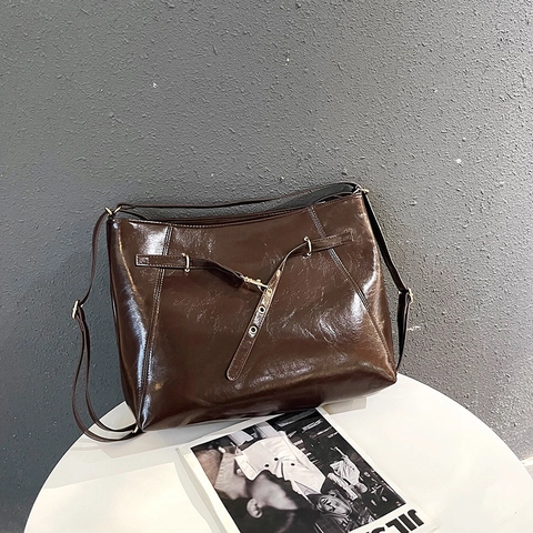 Borsa Tote Grande Da Donna Pelle PU Lucida Retro Minimalista Pendolare Borsa A Tracolla Con Decorazione Fibbia