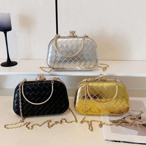 Gewebte Abend-Clutch-Tasche PU-Leder Box Umhängetasche Mit Strass-Verschluss Metallgriff Für Damen Party Hochzeit